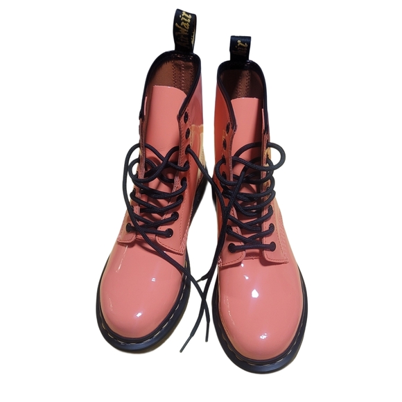 DR. MARTENS 1460 Women's Patent Leather Lace Up Boots in the color Coral - Picture 6 of 7
